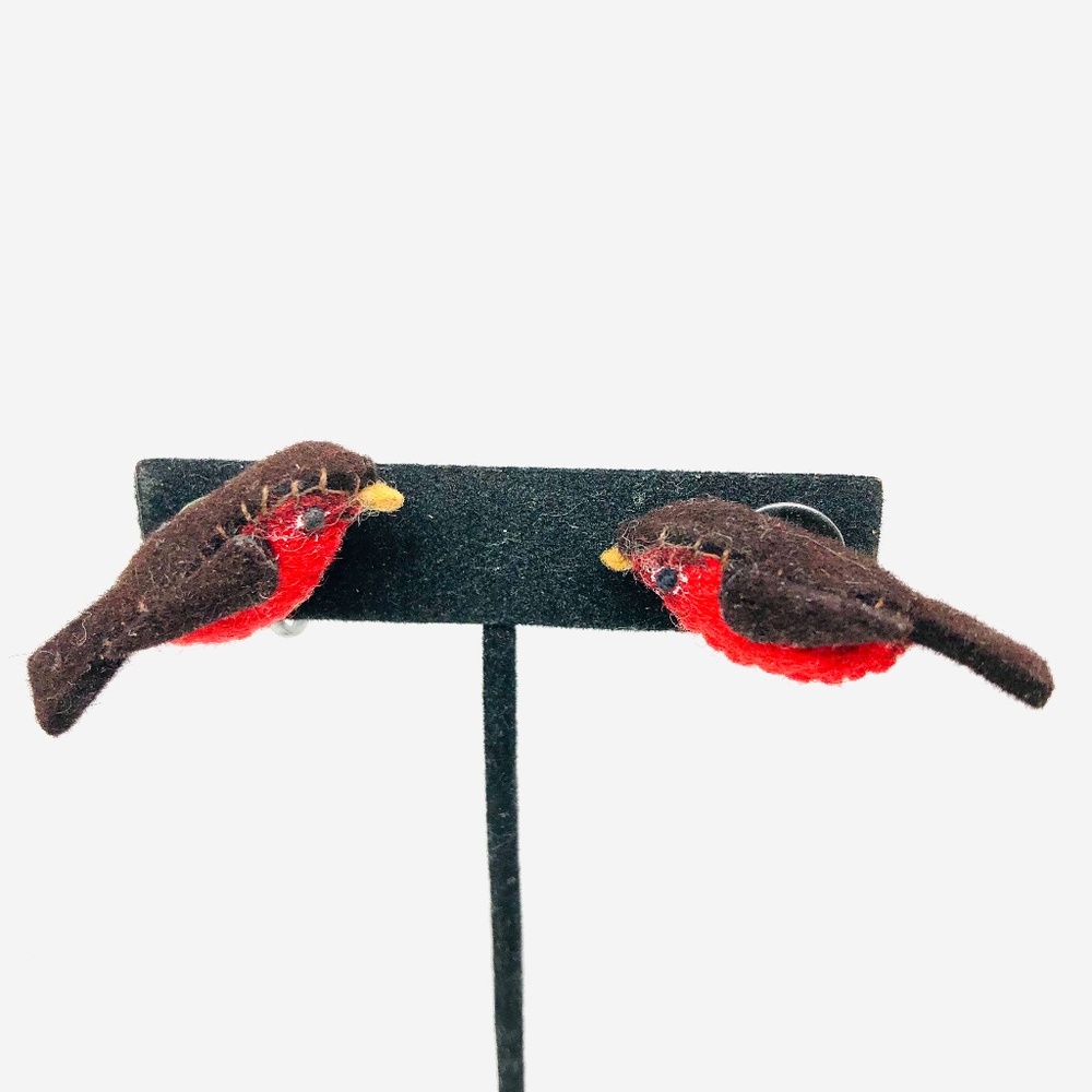 Vintage 3D Red Bird Handcrafted Fabric Earrings